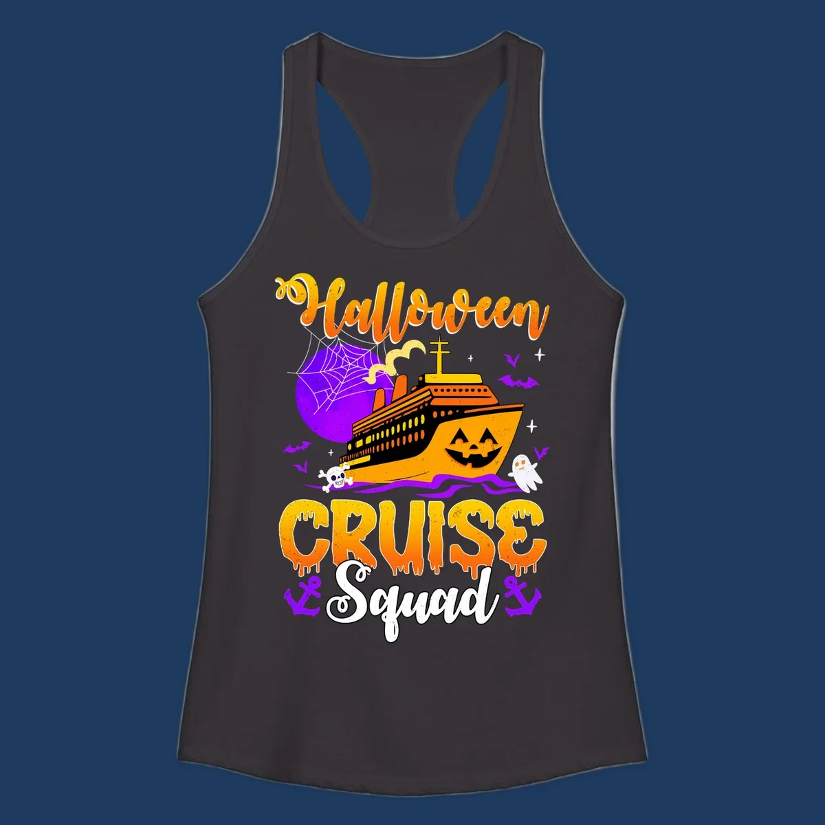 Halloween Cruise Squad design featuring a spooky orange ship with jack-o-lantern face, moon, bats, ghosts, and skull imagery