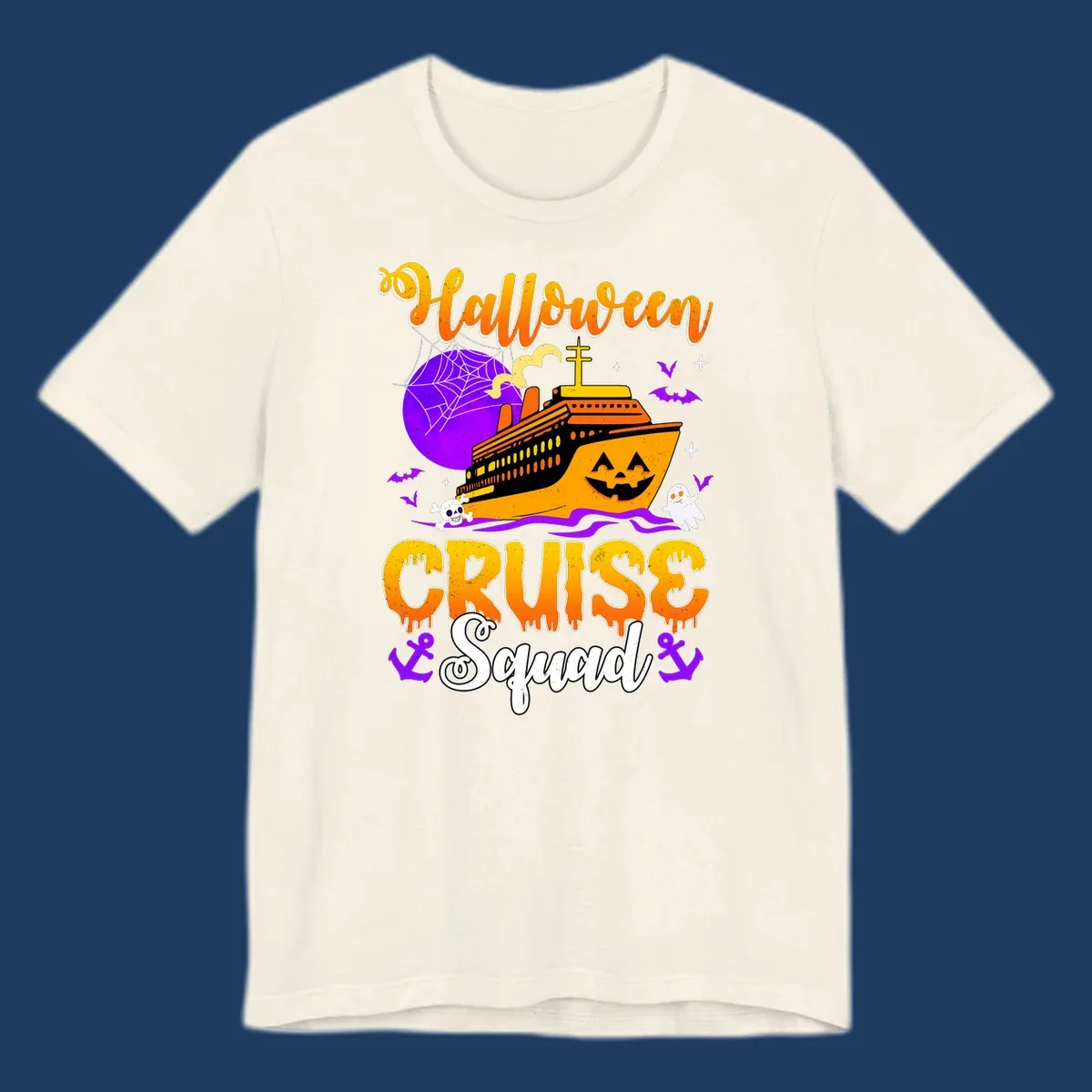 Halloween Cruise Squad design featuring a spooky orange ship with jack-o-lantern face, moon, bats, ghosts, and skull imagery