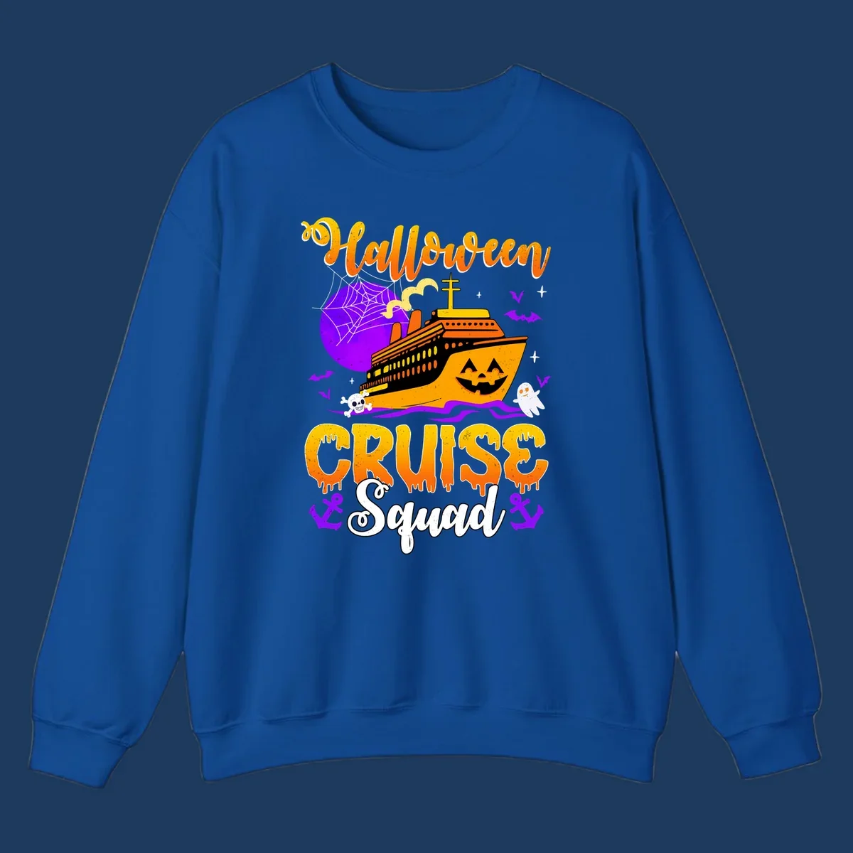 Halloween Cruise Squad design featuring a spooky orange ship with jack-o-lantern face, moon, bats, ghosts, and skull imagery
