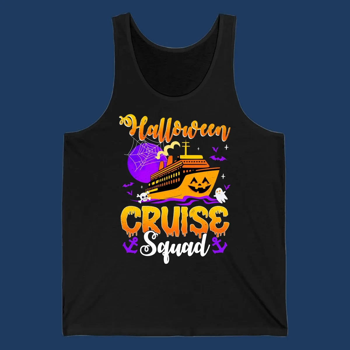 Halloween Cruise Squad design featuring a spooky orange ship with jack-o-lantern face, moon, bats, ghosts, and skull imagery
