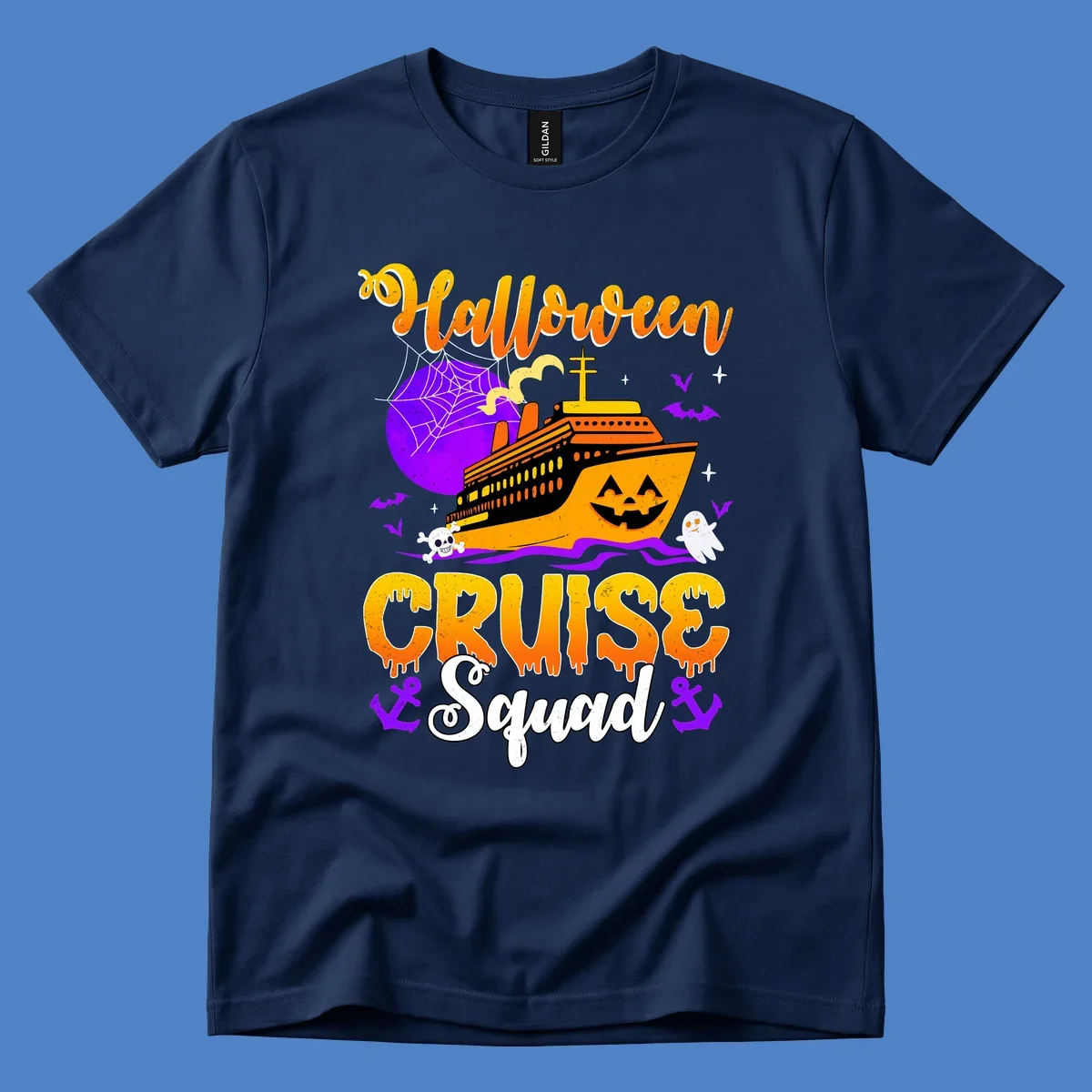 Halloween Cruise Squad design featuring a spooky orange ship with jack-o-lantern face, moon, bats, ghosts, and skull imagery