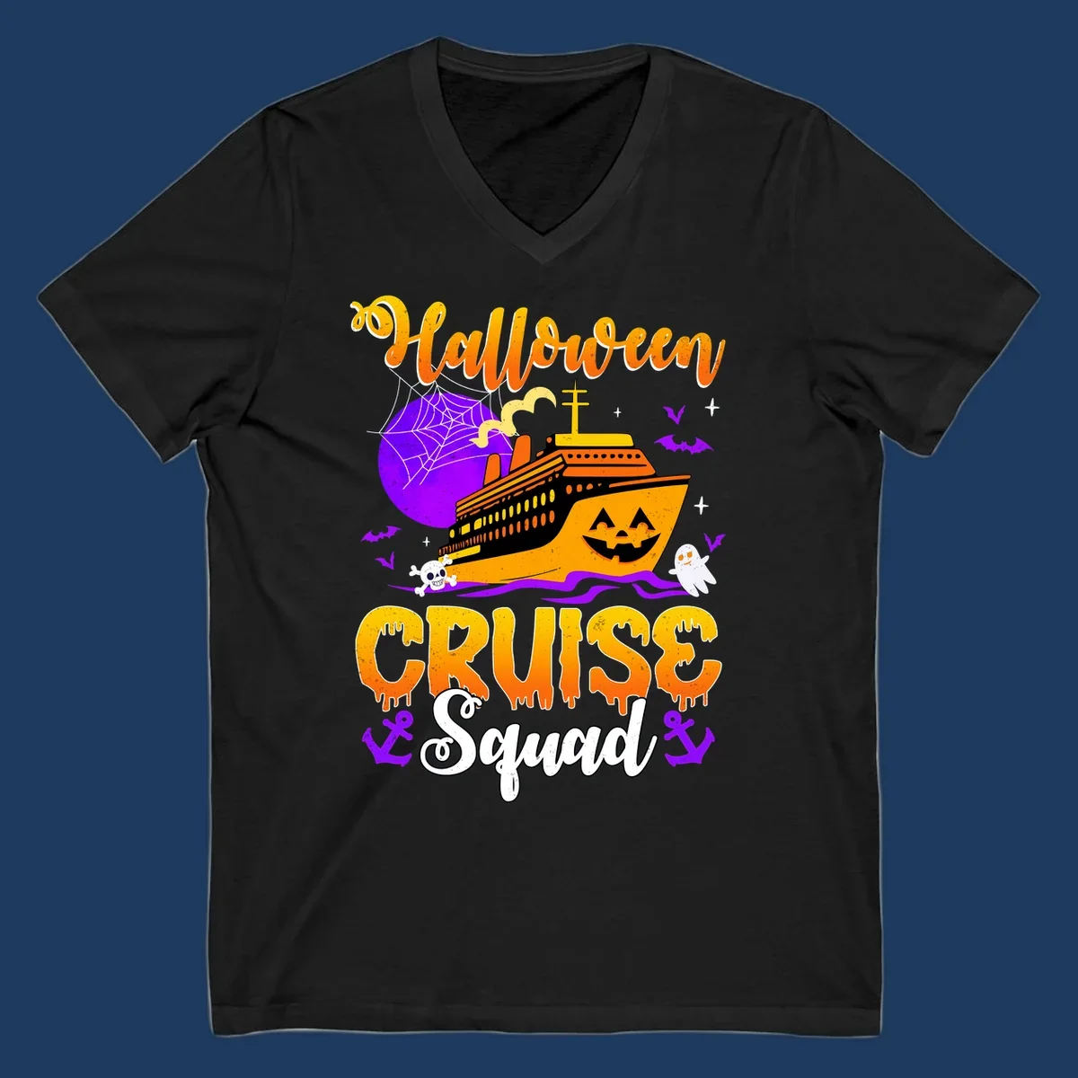 Halloween Cruise Squad design featuring a spooky orange ship with jack-o-lantern face, moon, bats, ghosts, and skull imagery