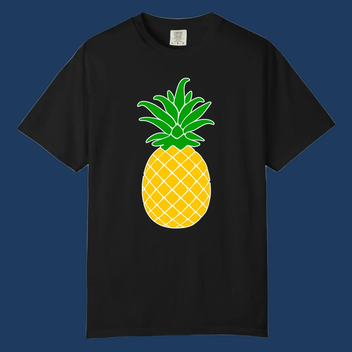 Tropical pineapple crown illustration with green leafy top and yellow textured fruit body outlined in white