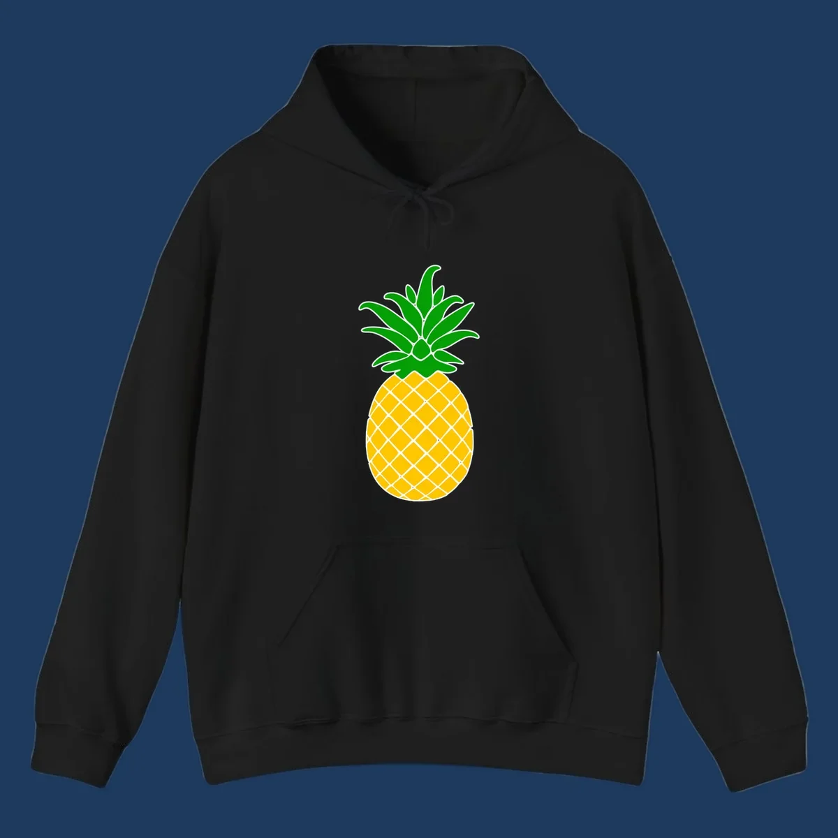 Tropical pineapple crown illustration with green leafy top and yellow textured fruit body outlined in white
