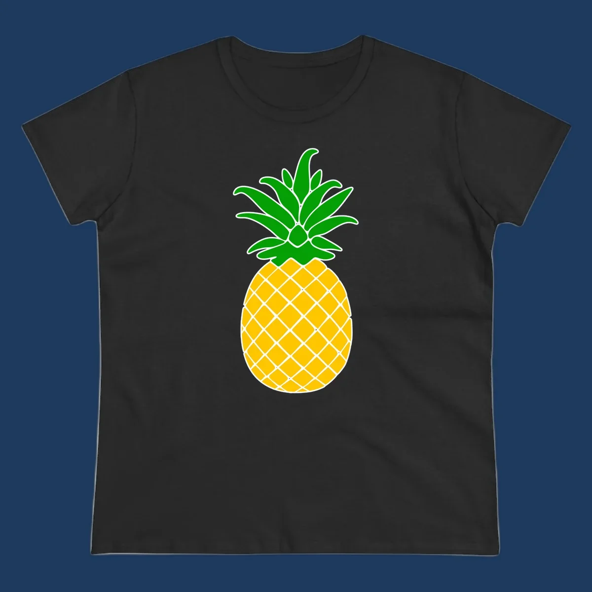 Tropical pineapple crown illustration with green leafy top and yellow textured fruit body outlined in white