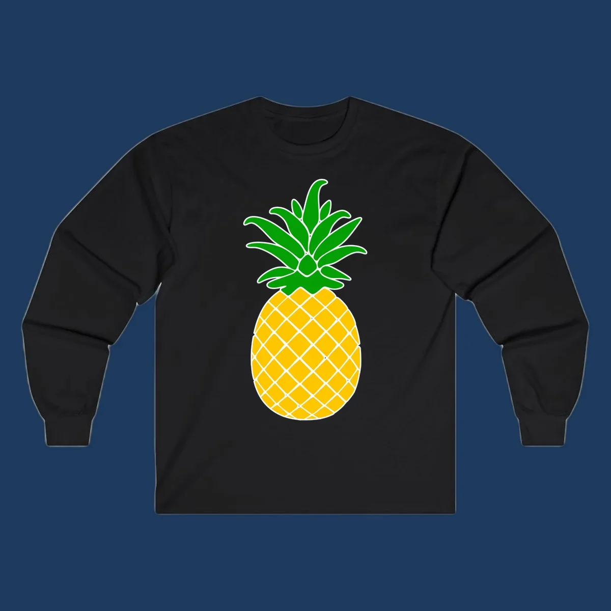 Tropical pineapple crown illustration with green leafy top and yellow textured fruit body outlined in white