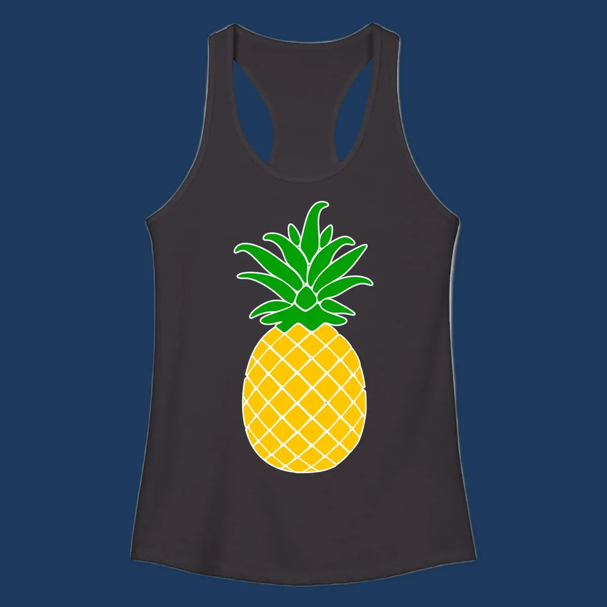 Tropical pineapple crown illustration with green leafy top and yellow textured fruit body outlined in white