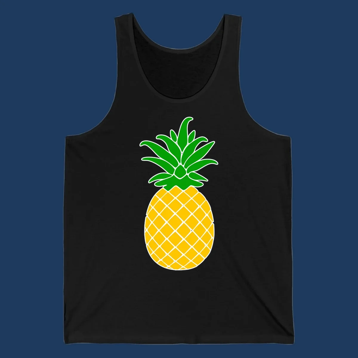 Tropical pineapple crown illustration with green leafy top and yellow textured fruit body outlined in white