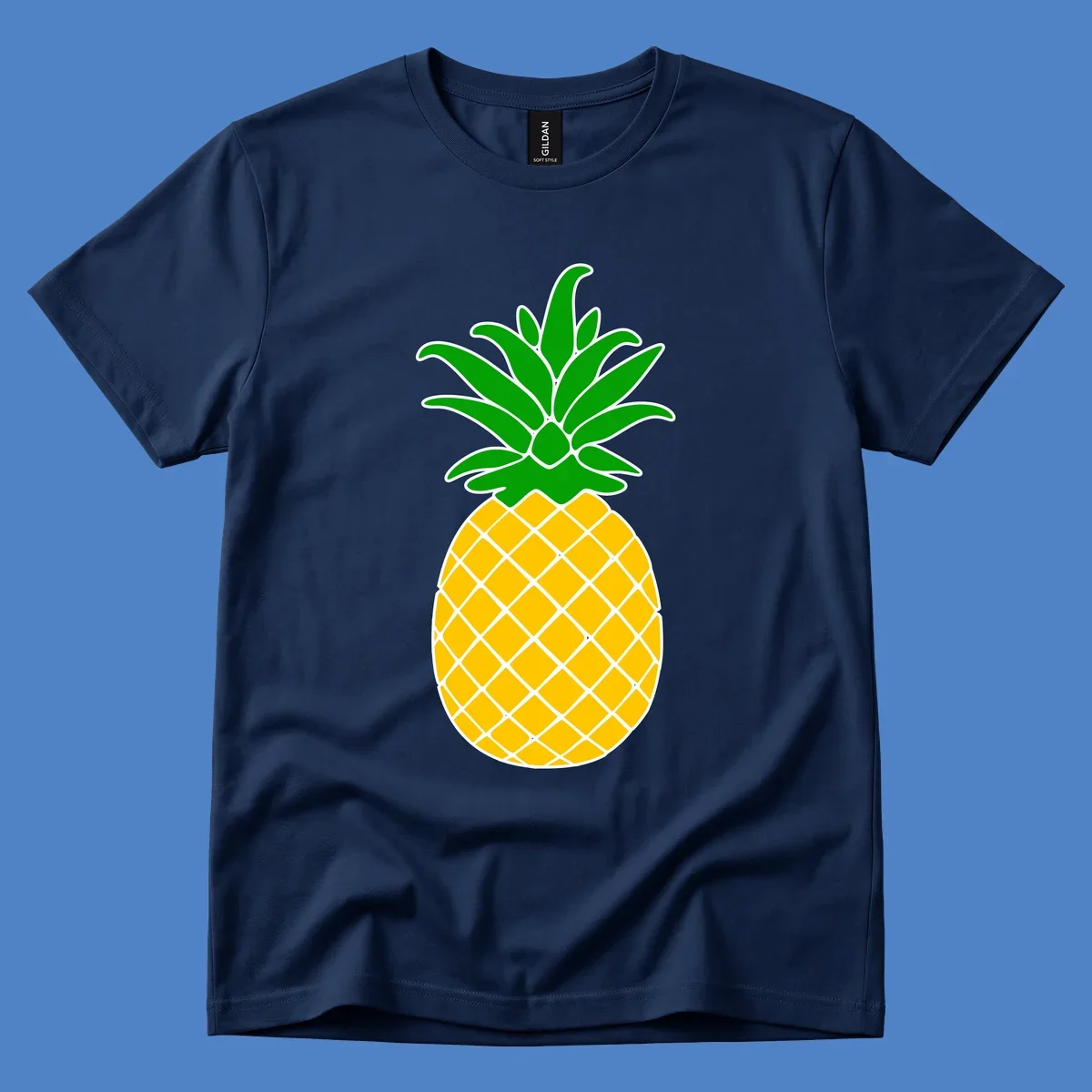 Tropical pineapple crown illustration with green leafy top and yellow textured fruit body outlined in white