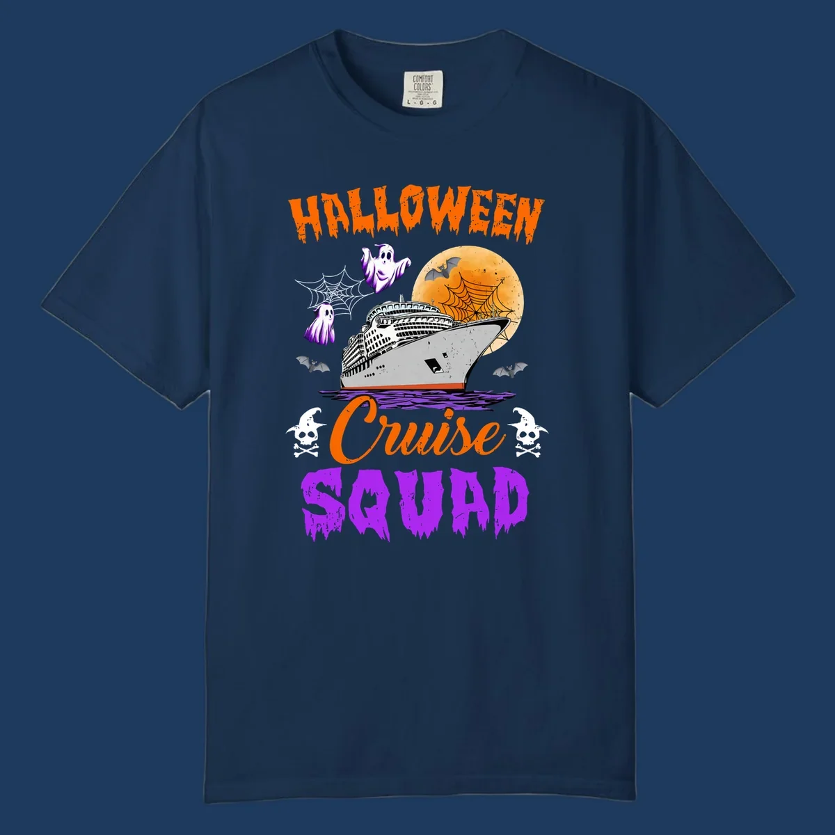 Halloween Cruise Squad design with ship, moon, ghosts, bats, and skulls on gray background