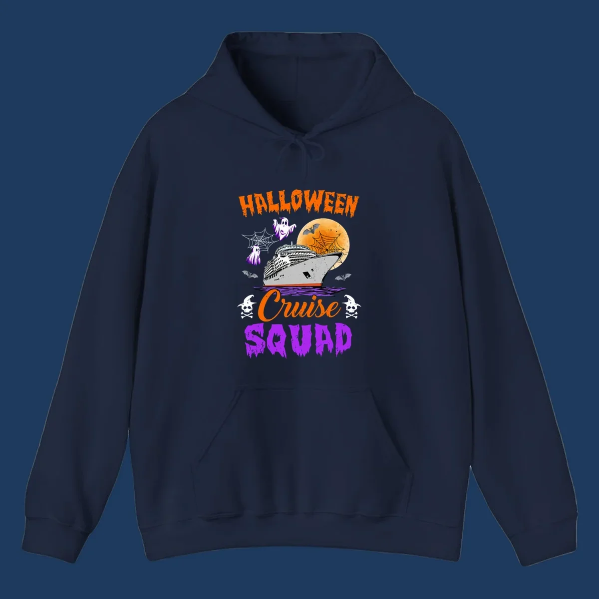 Halloween Cruise Squad design with ship, moon, ghosts, bats, and skulls on gray background