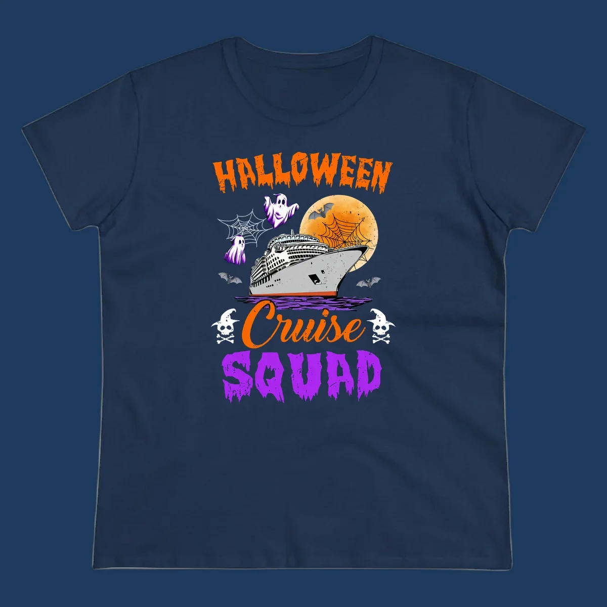 Halloween Cruise Squad design with ship, moon, ghosts, bats, and skulls on gray background
