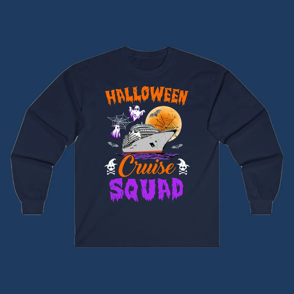 Halloween Cruise Squad design with ship, moon, ghosts, bats, and skulls on gray background