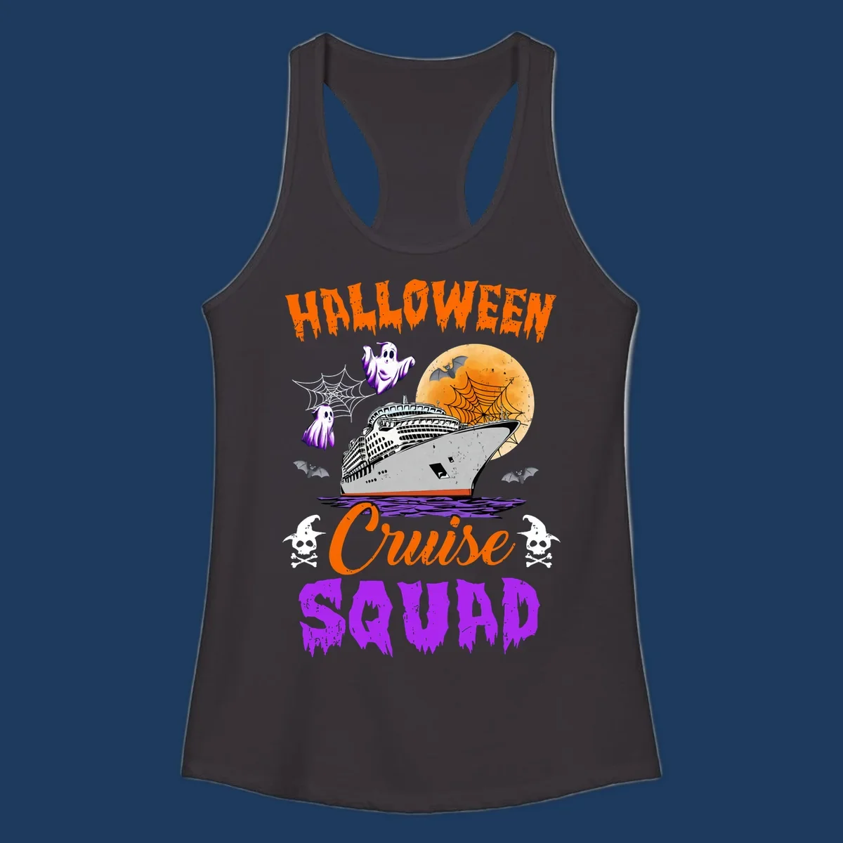 Halloween Cruise Squad design with ship, moon, ghosts, bats, and skulls on gray background