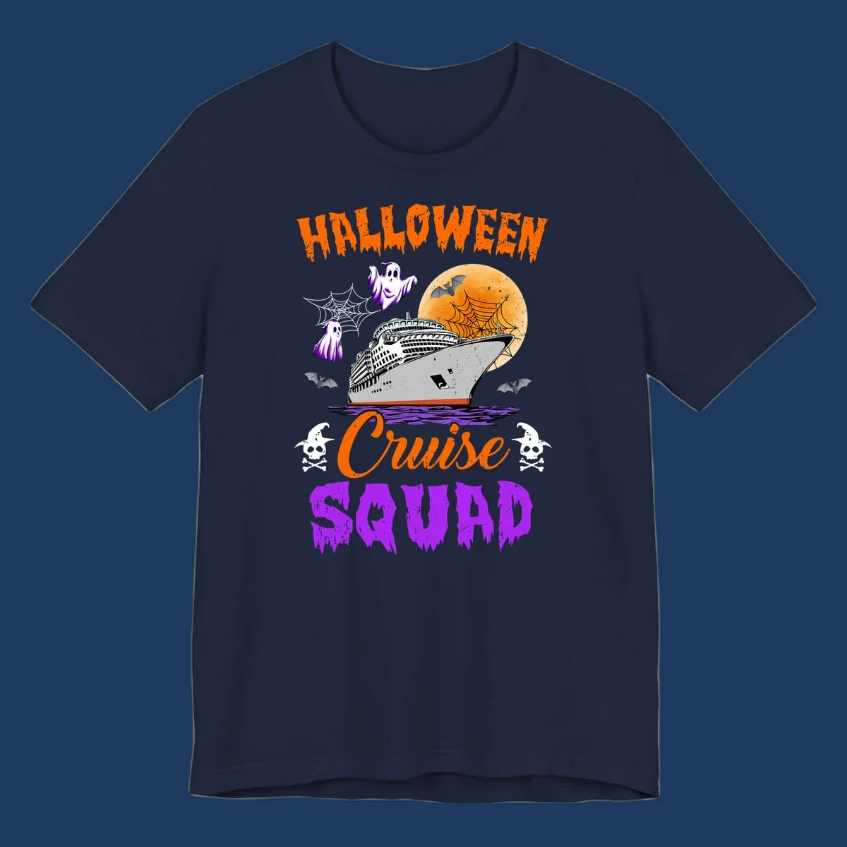 Halloween Cruise Squad design with ship, moon, ghosts, bats, and skulls on gray background