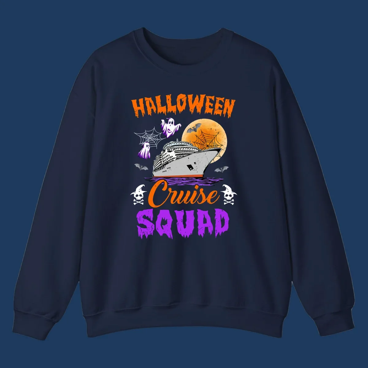 Halloween Cruise Squad design with ship, moon, ghosts, bats, and skulls on gray background