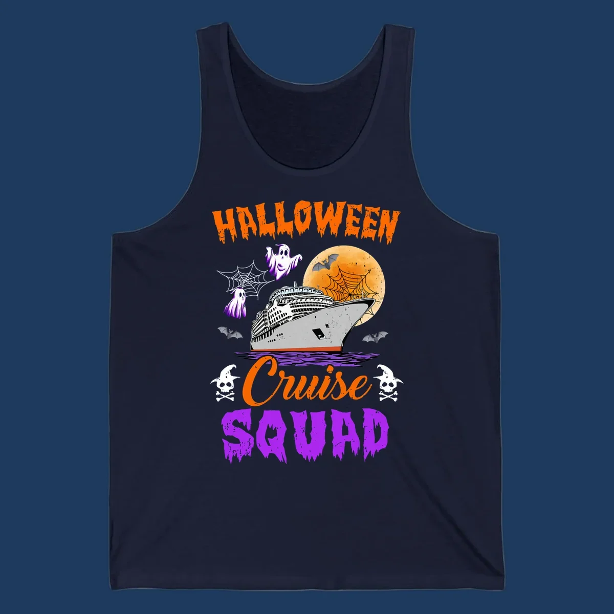 Halloween Cruise Squad design with ship, moon, ghosts, bats, and skulls on gray background