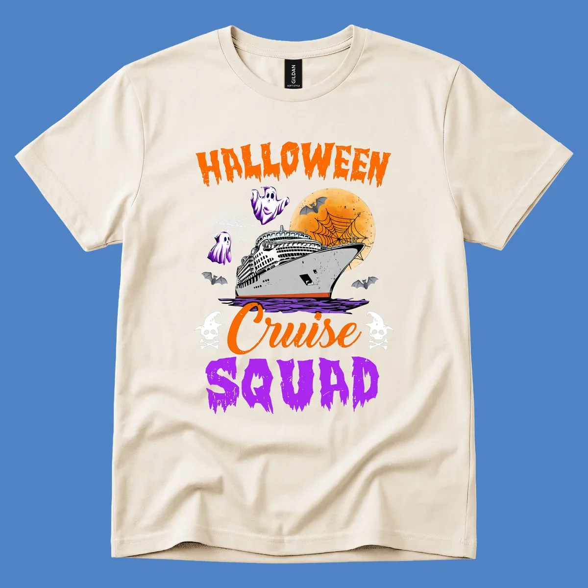 Halloween Cruise Squad design with ship, moon, ghosts, bats, and skulls on gray background