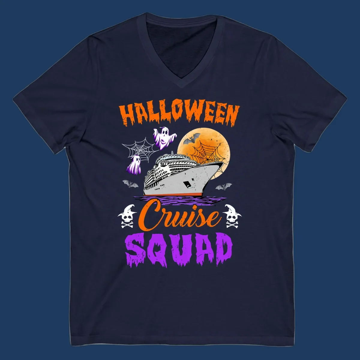 Halloween Cruise Squad design with ship, moon, ghosts, bats, and skulls on gray background
