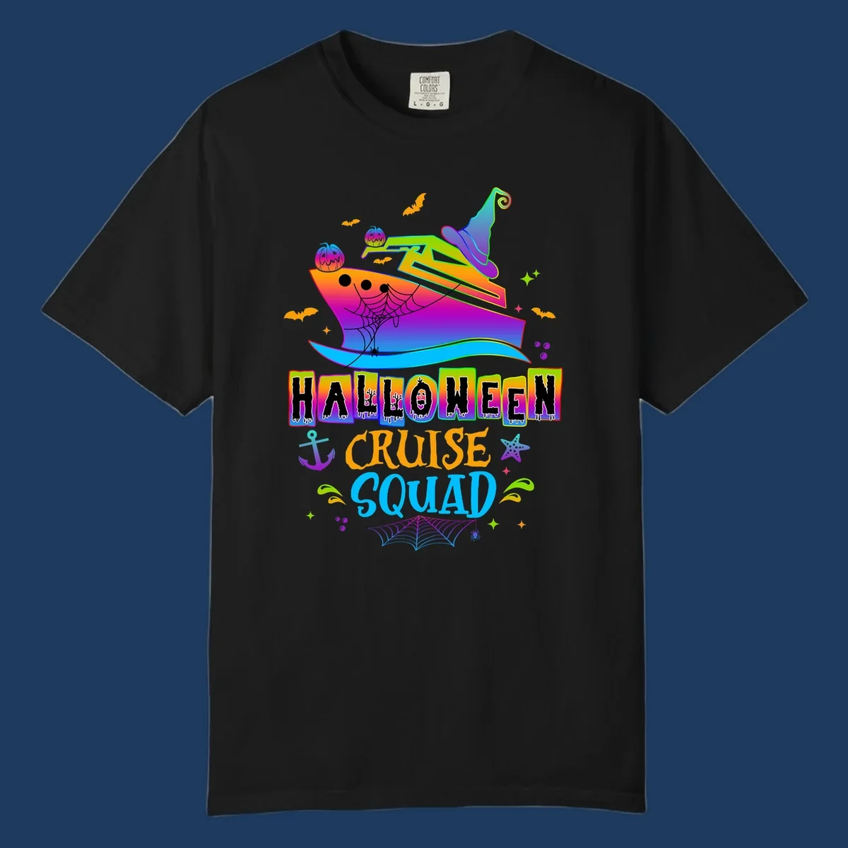 Colorful Halloween cruise squad design with smiling ship, witch hat, jack-o-lanterns, bats, spiders, and festive text