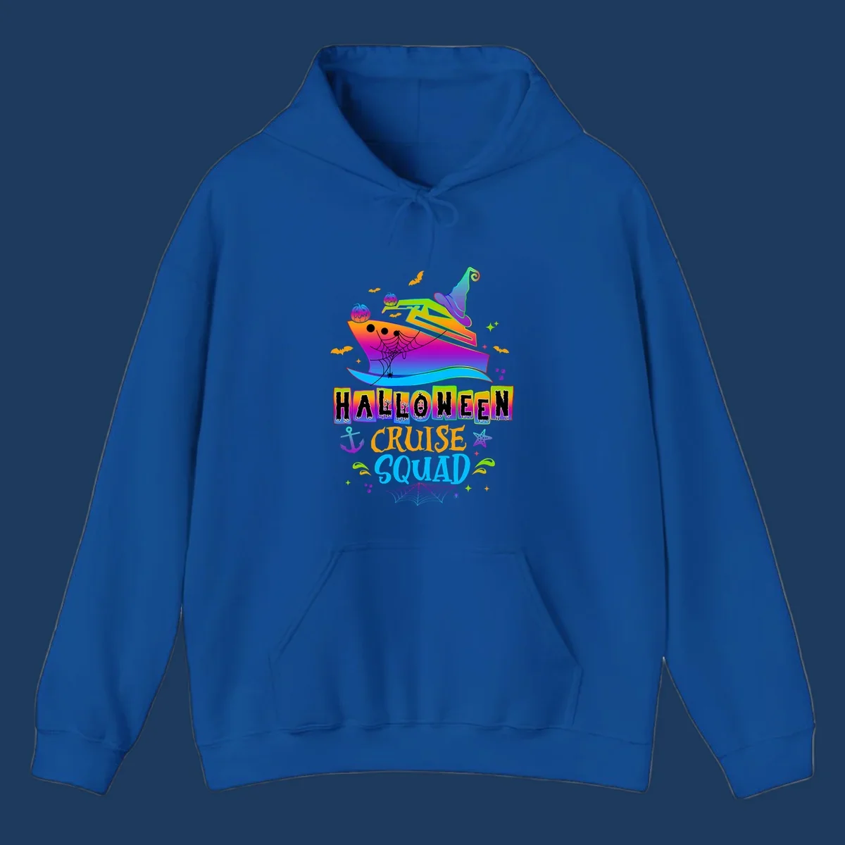 Colorful Halloween cruise squad design with smiling ship, witch hat, jack-o-lanterns, bats, spiders, and festive text