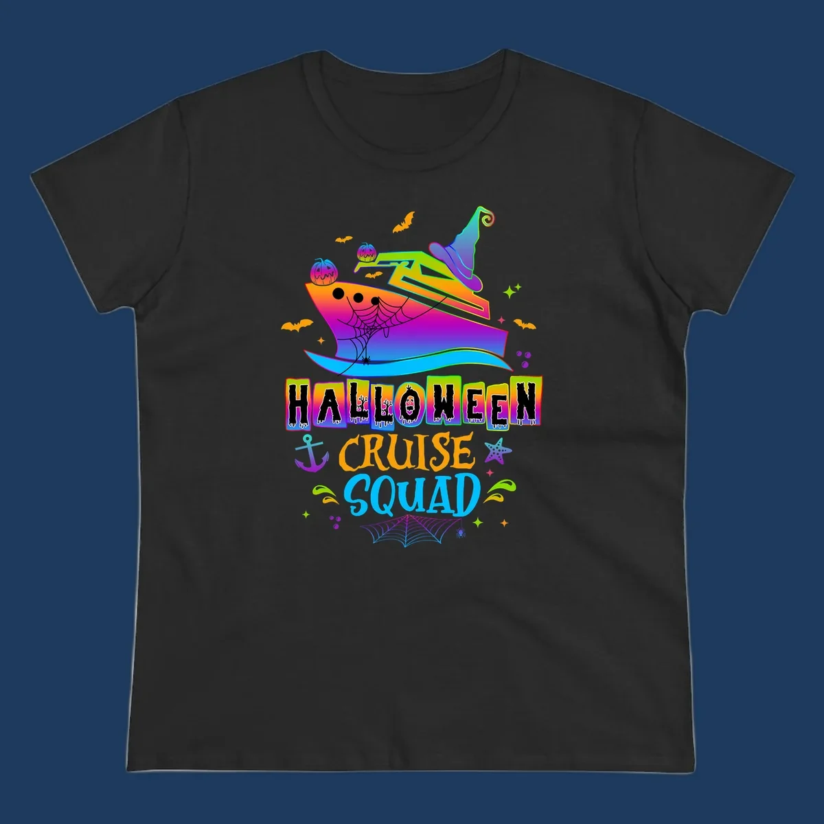 Colorful Halloween cruise squad design with smiling ship, witch hat, jack-o-lanterns, bats, spiders, and festive text
