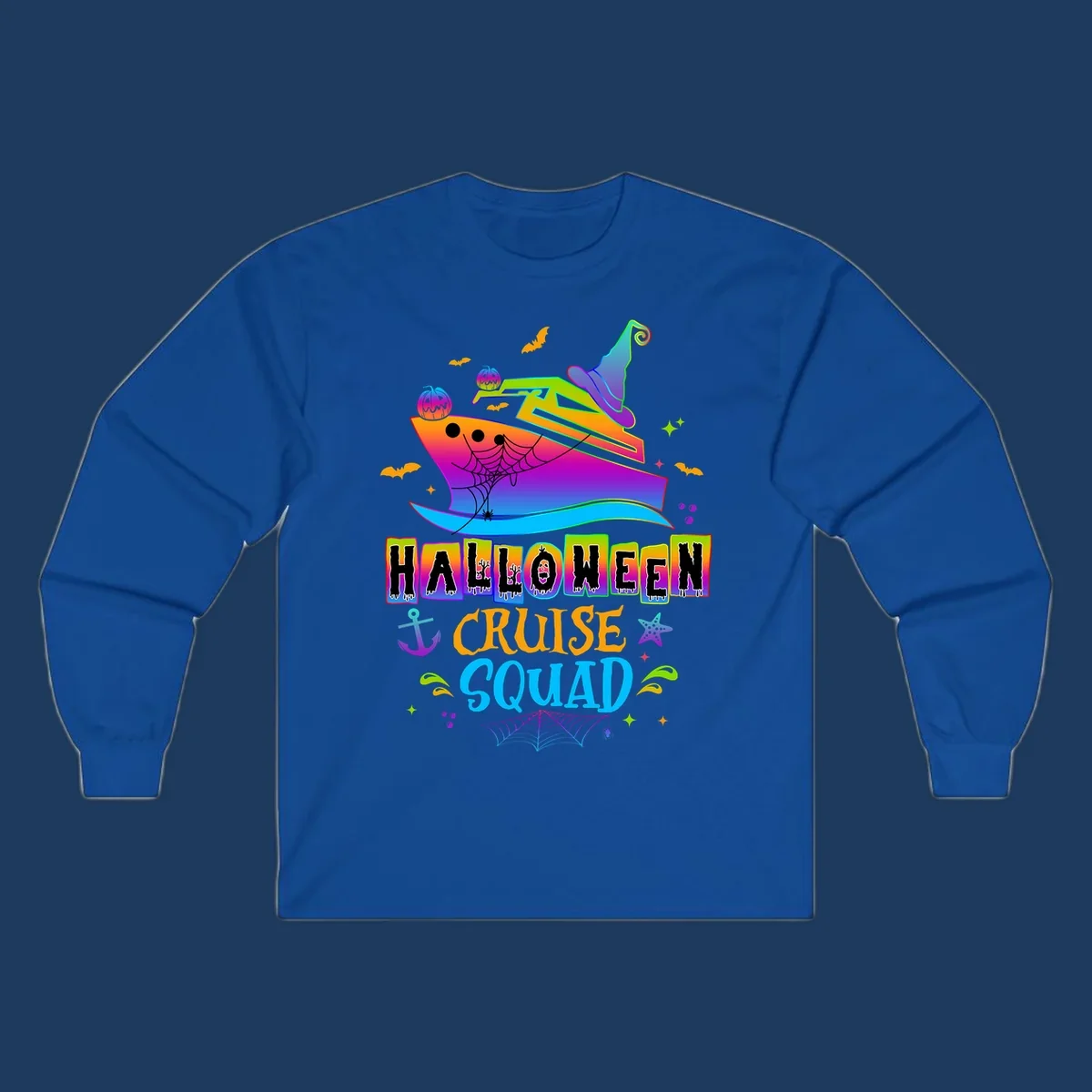 Colorful Halloween cruise squad design with smiling ship, witch hat, jack-o-lanterns, bats, spiders, and festive text