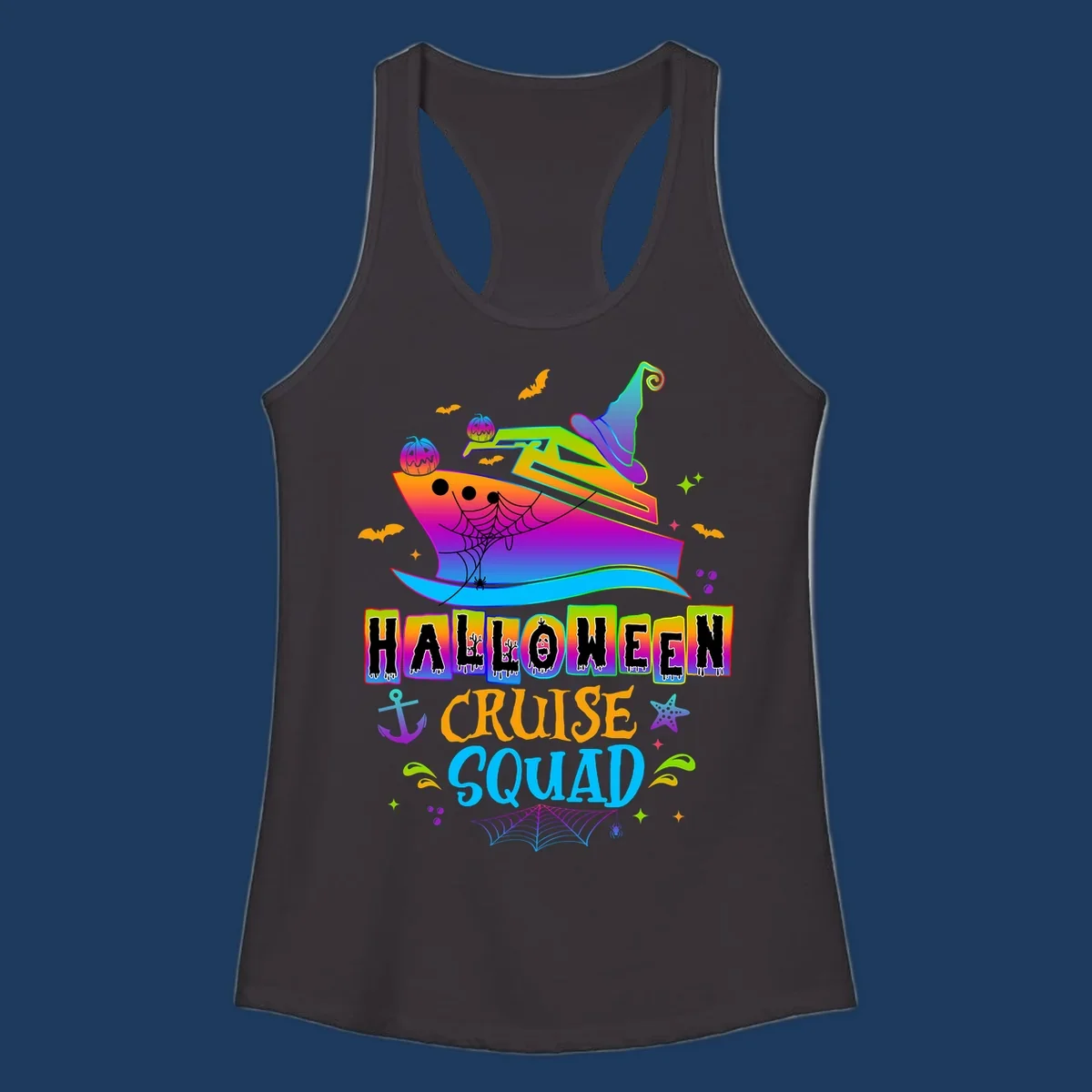 Colorful Halloween cruise squad design with smiling ship, witch hat, jack-o-lanterns, bats, spiders, and festive text