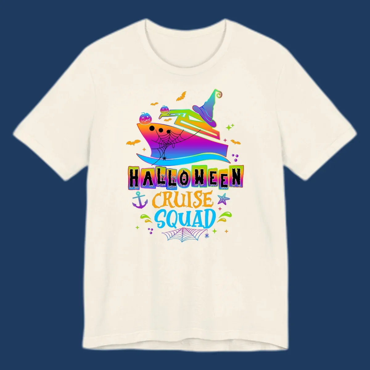 Colorful Halloween cruise squad design with smiling ship, witch hat, jack-o-lanterns, bats, spiders, and festive text