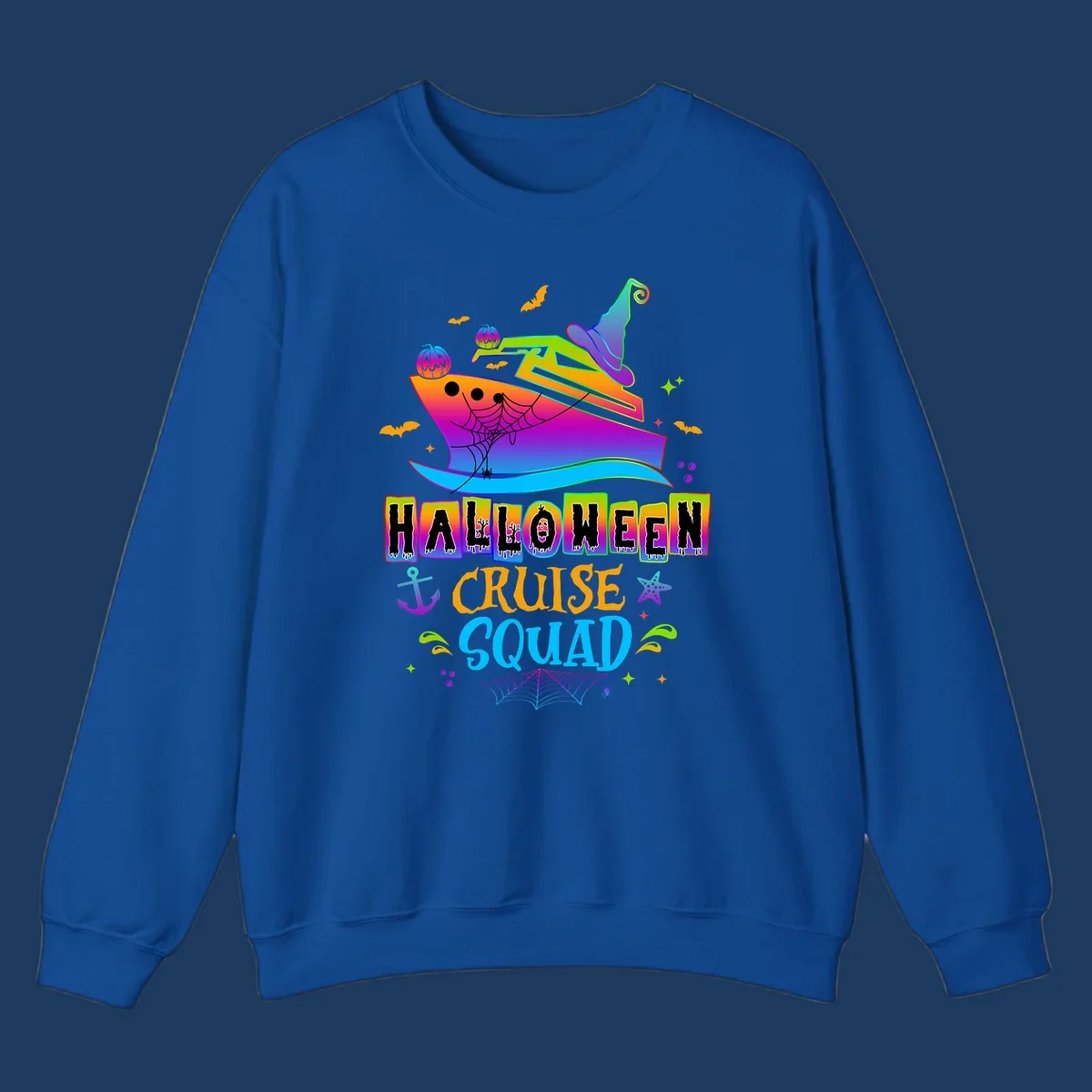 Colorful Halloween cruise squad design with smiling ship, witch hat, jack-o-lanterns, bats, spiders, and festive text