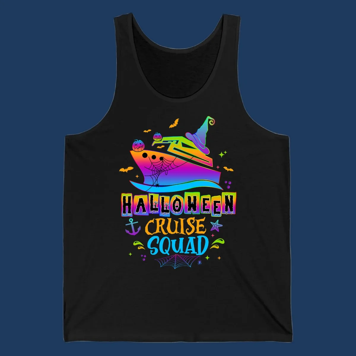 Colorful Halloween cruise squad design with smiling ship, witch hat, jack-o-lanterns, bats, spiders, and festive text