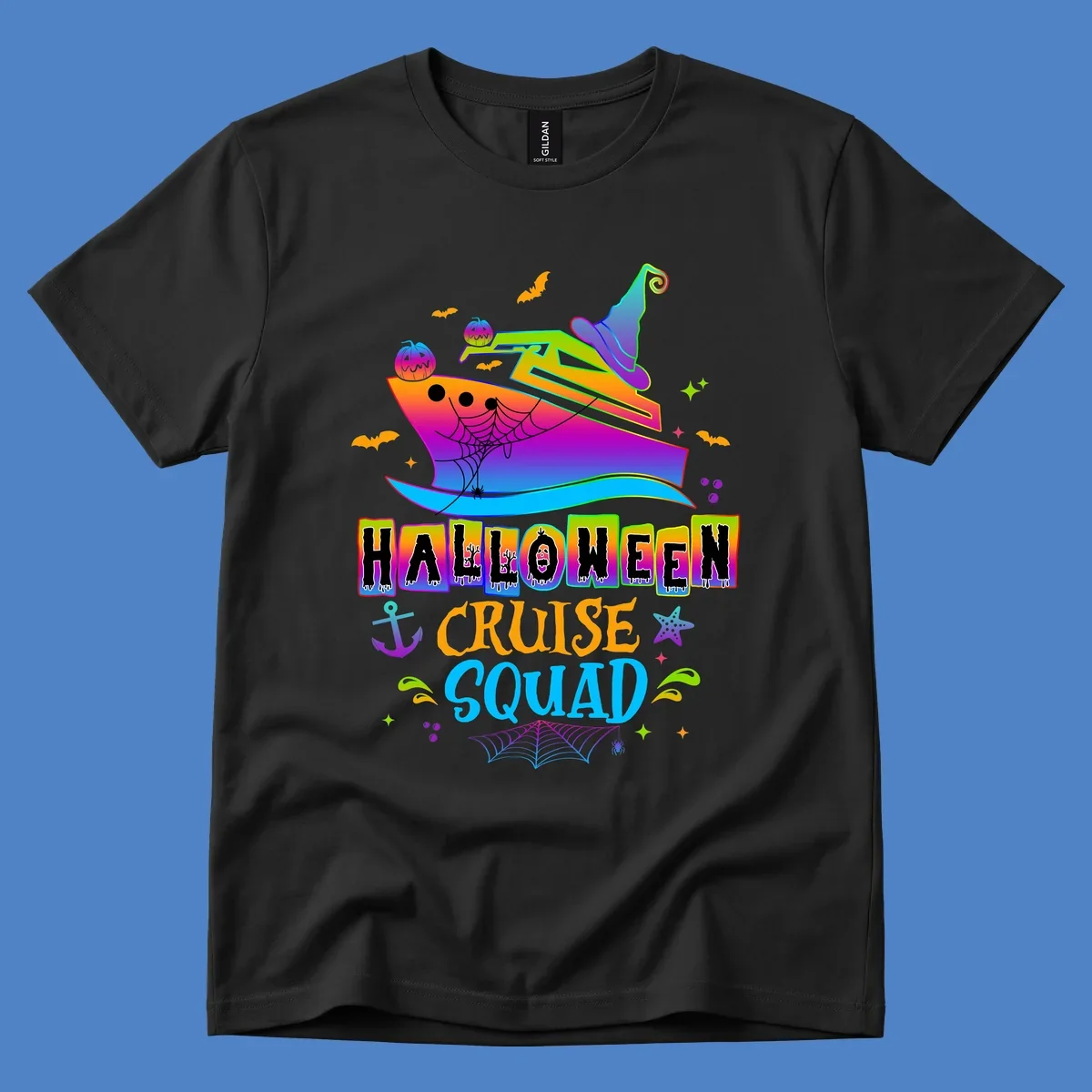 Colorful Halloween cruise squad design with smiling ship, witch hat, jack-o-lanterns, bats, spiders, and festive text