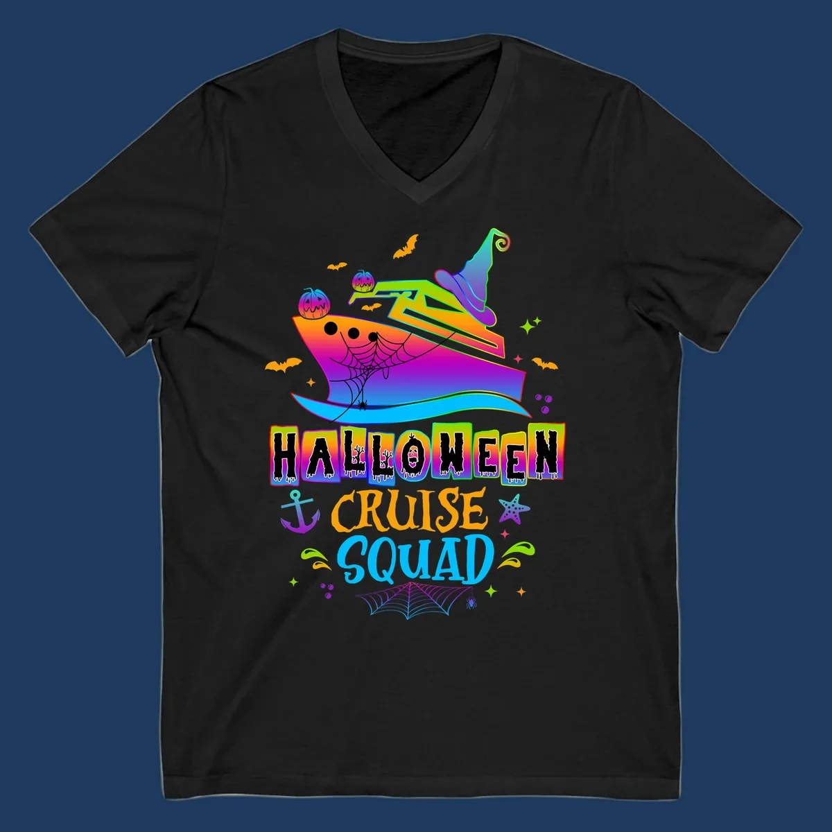 Colorful Halloween cruise squad design with smiling ship, witch hat, jack-o-lanterns, bats, spiders, and festive text