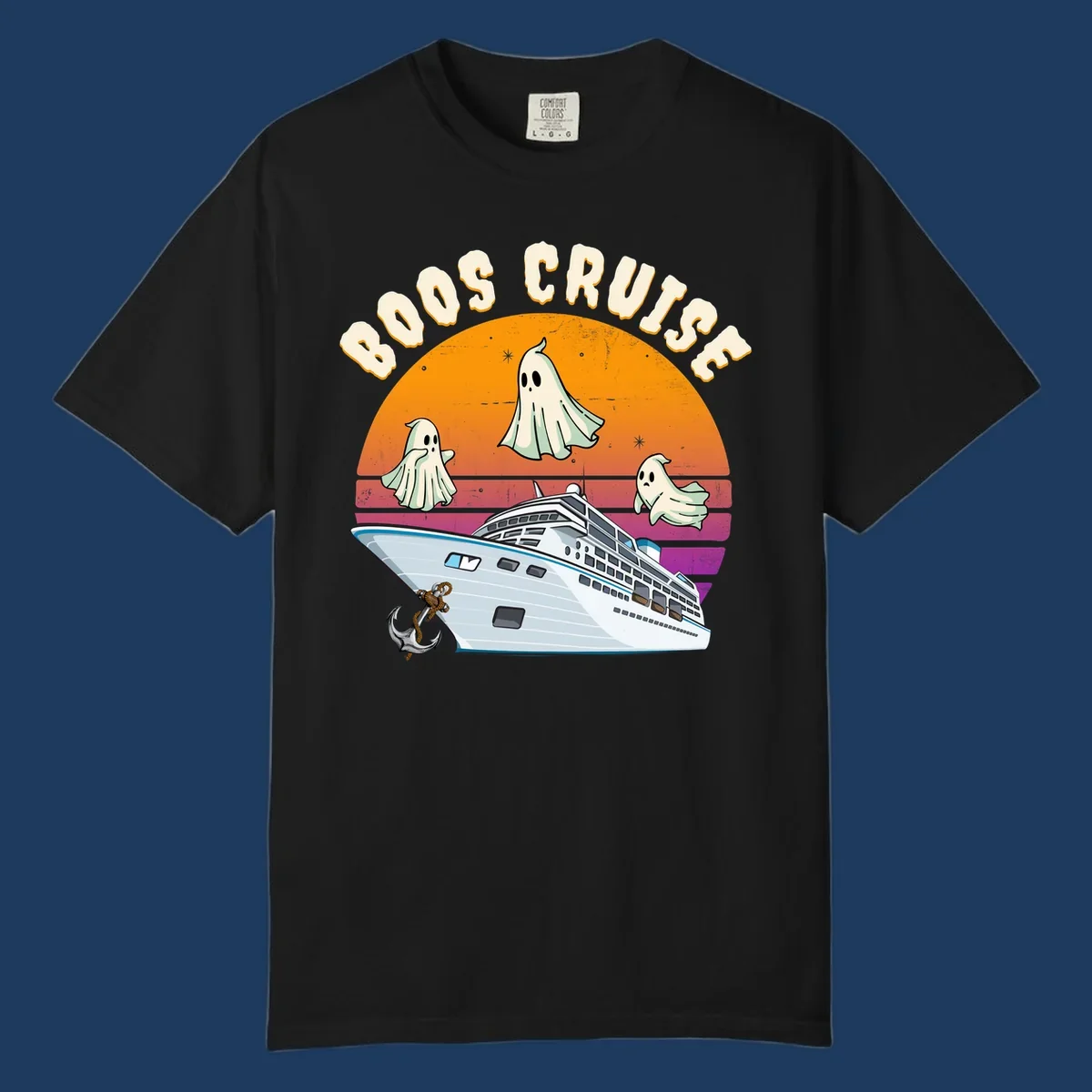 Boo cruise ghosts illustration: three cartoon ghosts floating above a cruise ship with colorful sunset gradient background and text