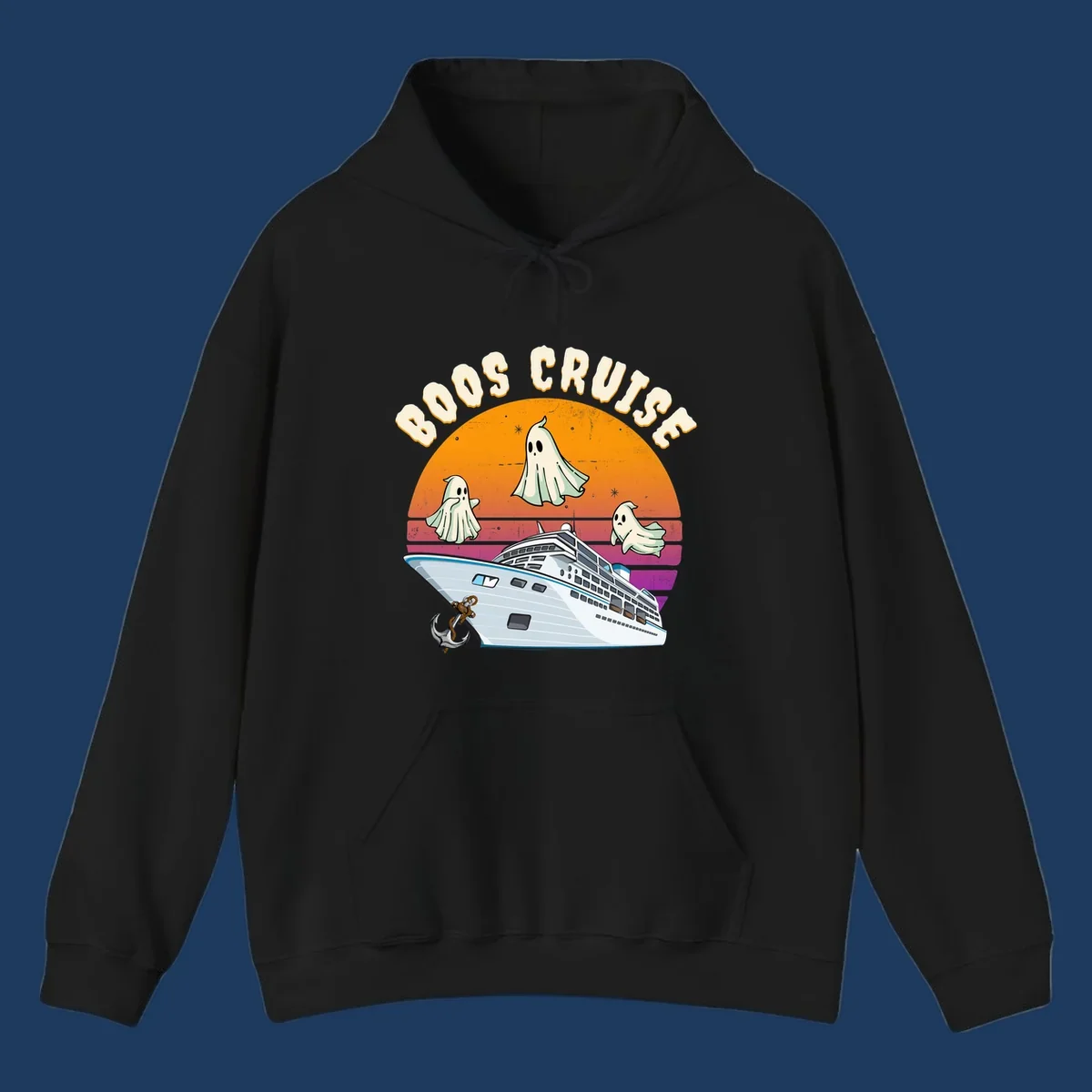 Boo cruise ghosts illustration: three cartoon ghosts floating above a cruise ship with colorful sunset gradient background and text
