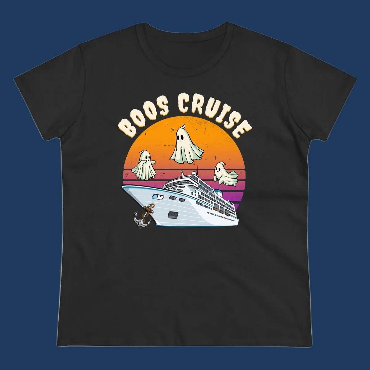 Boo cruise ghosts illustration: three cartoon ghosts floating above a cruise ship with colorful sunset gradient background and text