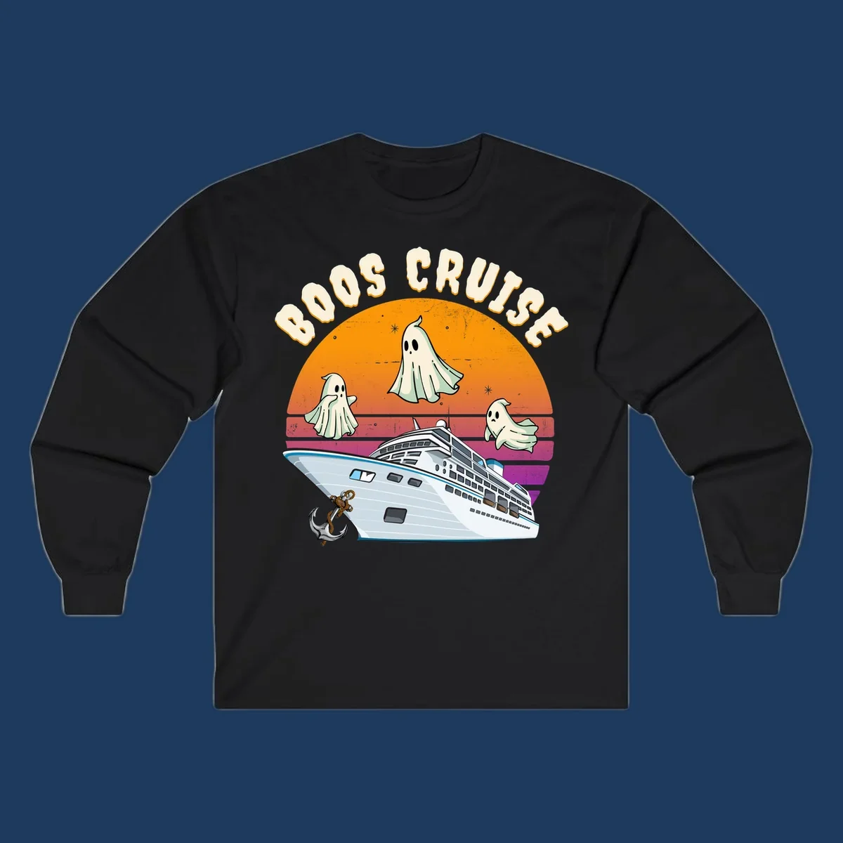 Boo cruise ghosts illustration: three cartoon ghosts floating above a cruise ship with colorful sunset gradient background and text