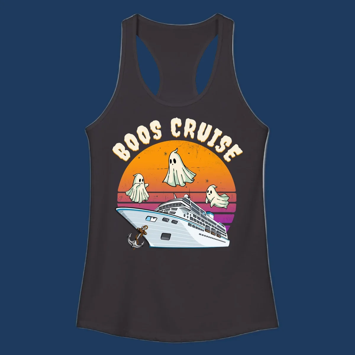 Boo cruise ghosts illustration: three cartoon ghosts floating above a cruise ship with colorful sunset gradient background and text