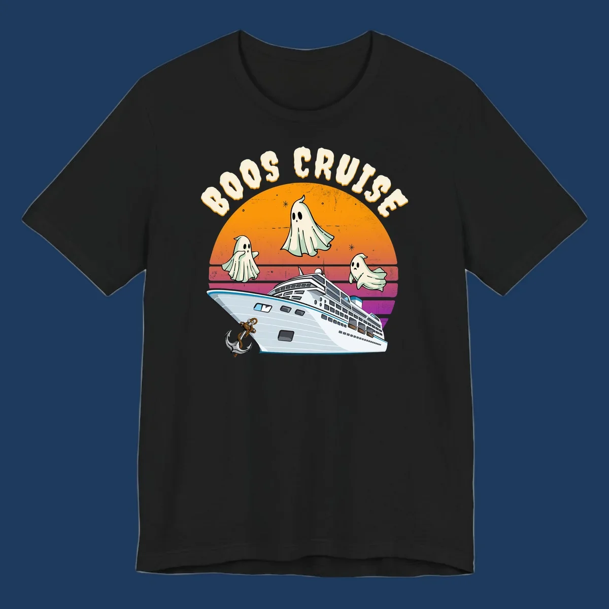 Boo cruise ghosts illustration: three cartoon ghosts floating above a cruise ship with colorful sunset gradient background and text