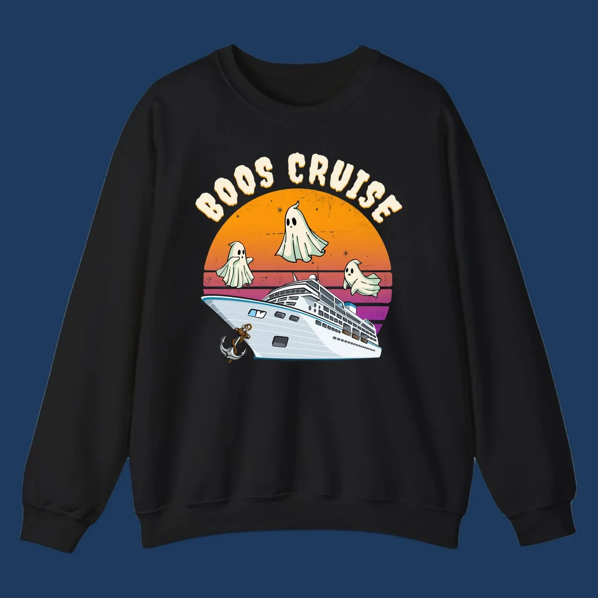 Boo cruise ghosts illustration: three cartoon ghosts floating above a cruise ship with colorful sunset gradient background and text