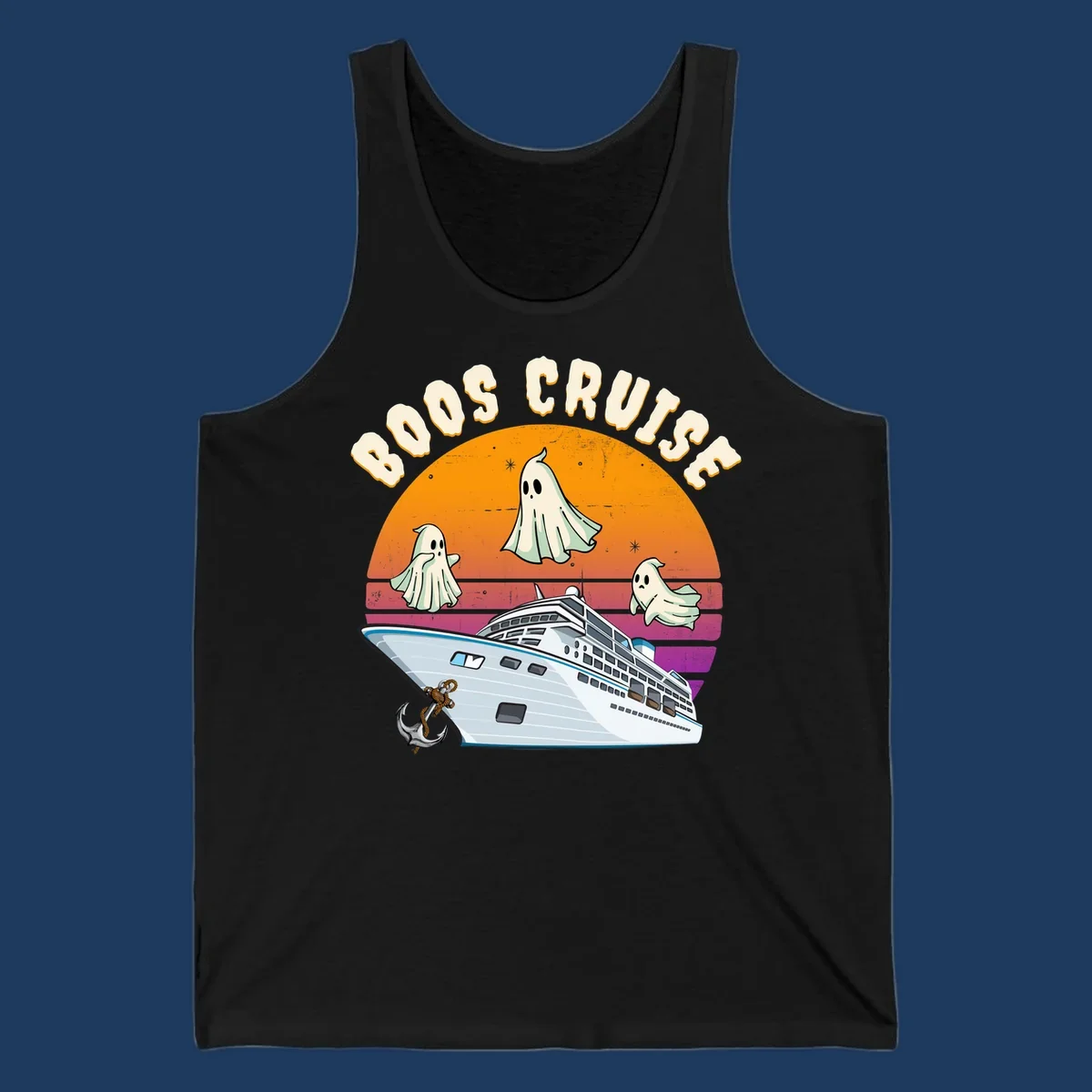 Boo cruise ghosts illustration: three cartoon ghosts floating above a cruise ship with colorful sunset gradient background and text