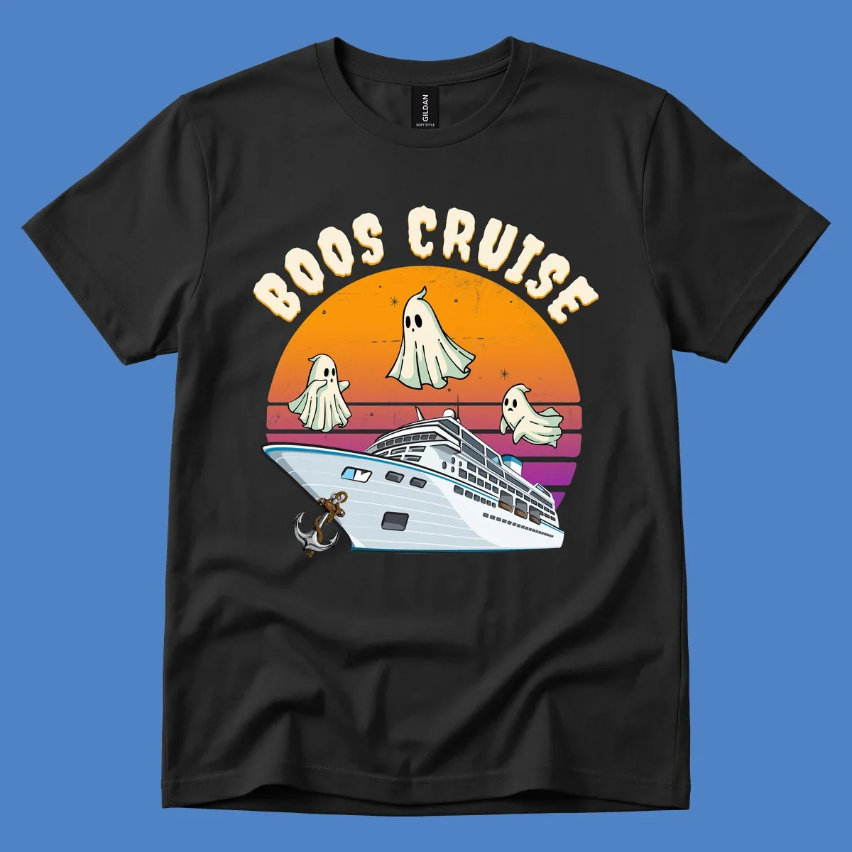 Boo cruise ghosts illustration: three cartoon ghosts floating above a cruise ship with colorful sunset gradient background and text