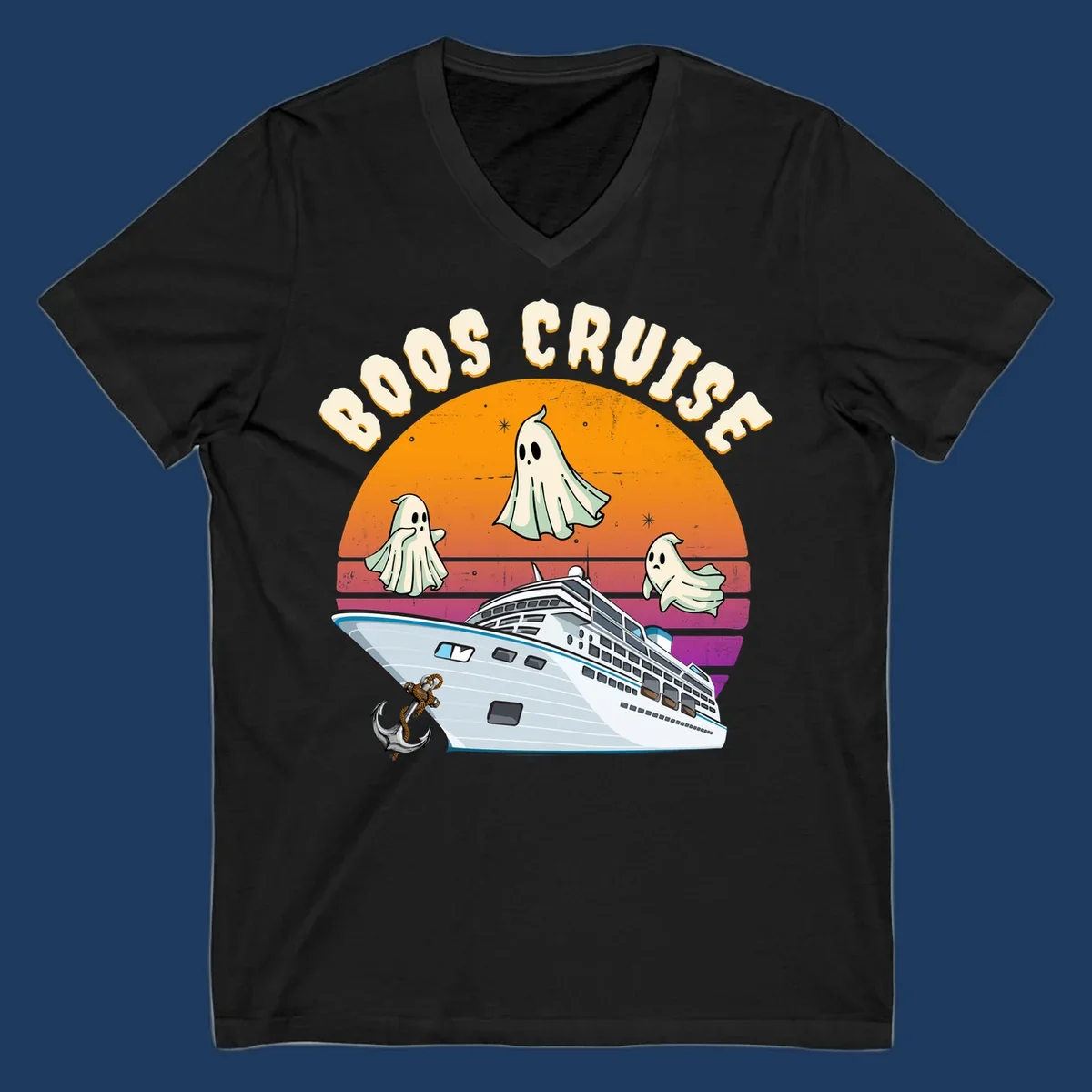Boo cruise ghosts illustration: three cartoon ghosts floating above a cruise ship with colorful sunset gradient background and text