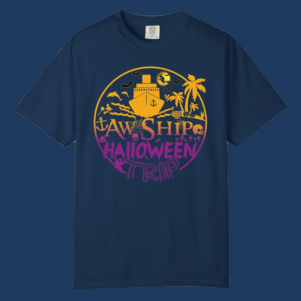 Ship halloween cruise design with witch, bats, skulls, palm trees, and ocean ship illustration in gold and magenta colors