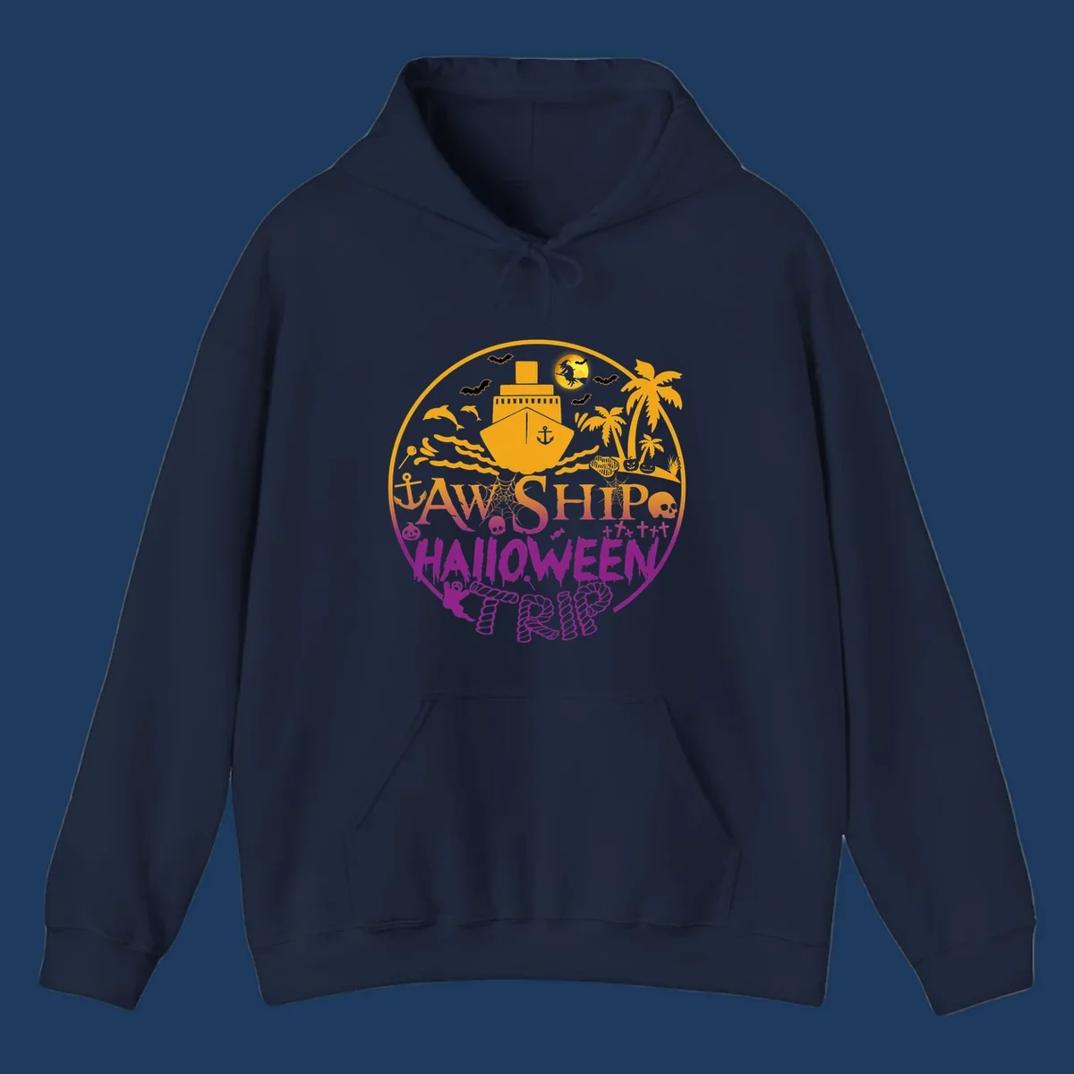 Ship halloween cruise design with witch, bats, skulls, palm trees, and ocean ship illustration in gold and magenta colors