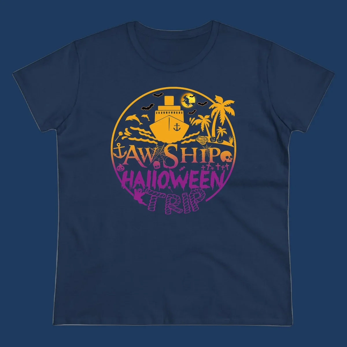 Ship halloween cruise design with witch, bats, skulls, palm trees, and ocean ship illustration in gold and magenta colors