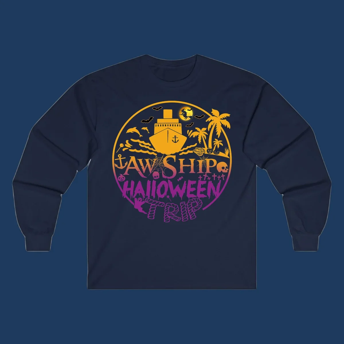 Ship halloween cruise design with witch, bats, skulls, palm trees, and ocean ship illustration in gold and magenta colors