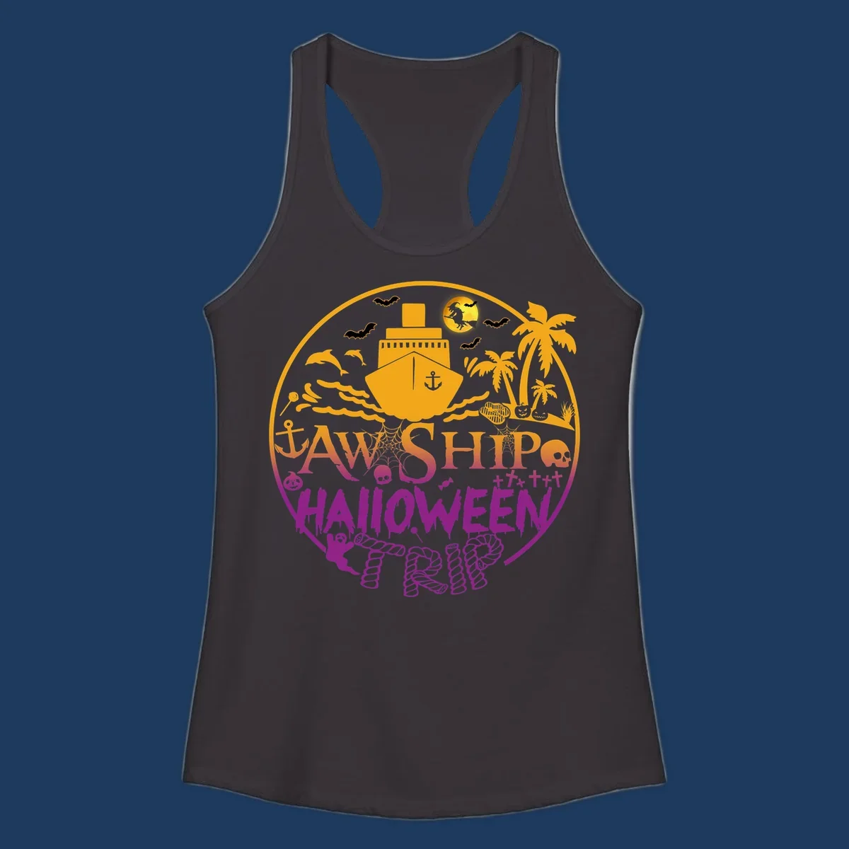 Ship halloween cruise design with witch, bats, skulls, palm trees, and ocean ship illustration in gold and magenta colors