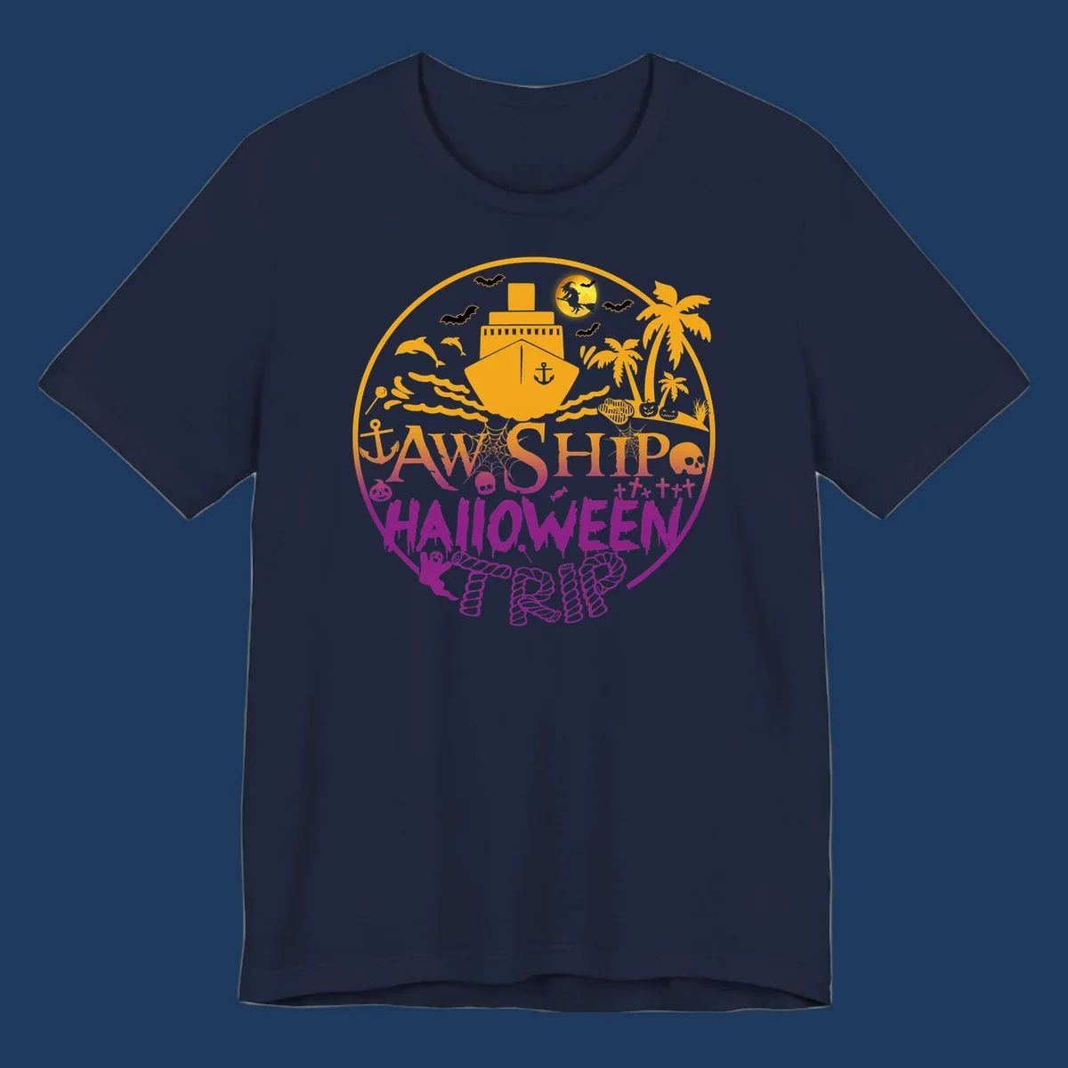 Ship halloween cruise design with witch, bats, skulls, palm trees, and ocean ship illustration in gold and magenta colors