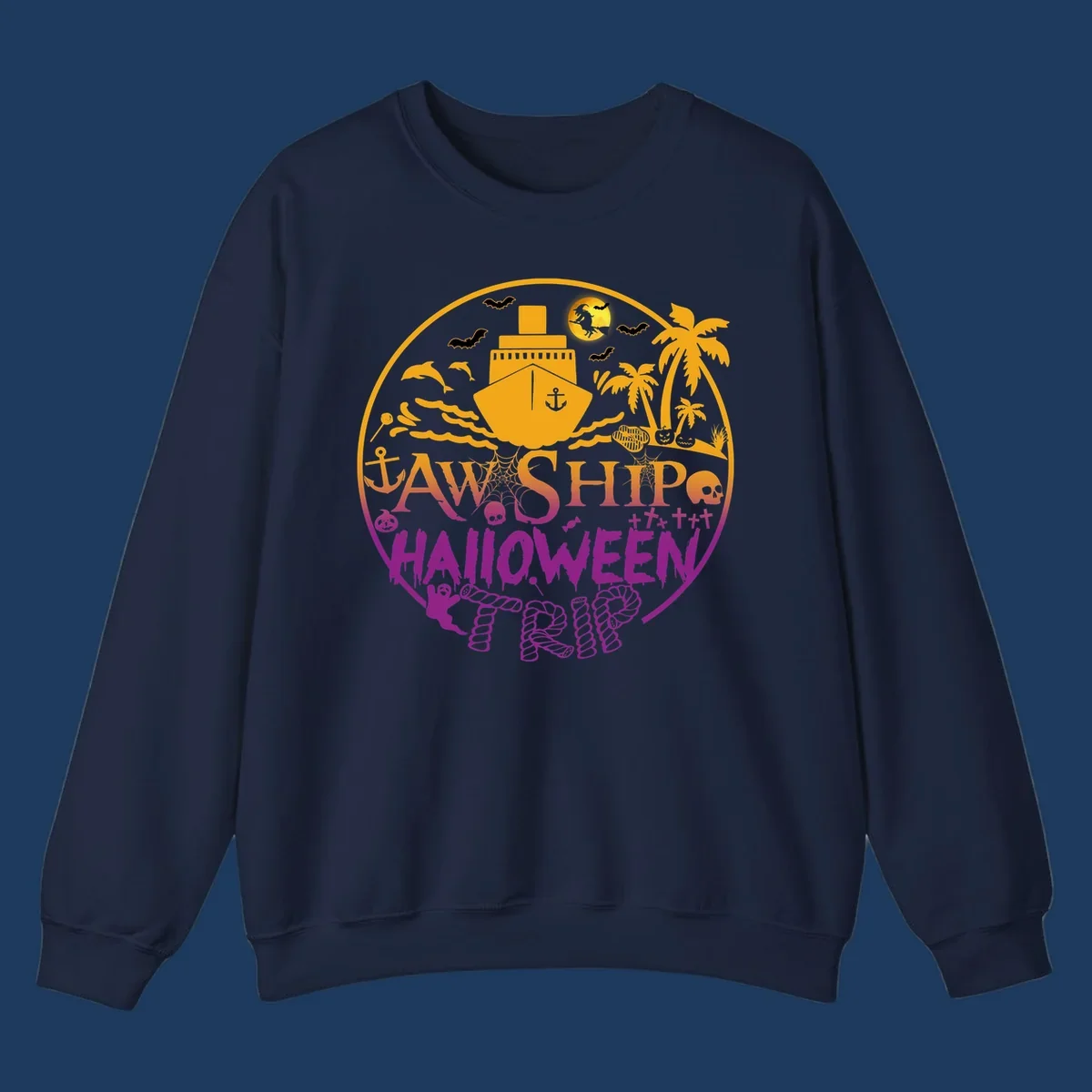 Ship halloween cruise design with witch, bats, skulls, palm trees, and ocean ship illustration in gold and magenta colors